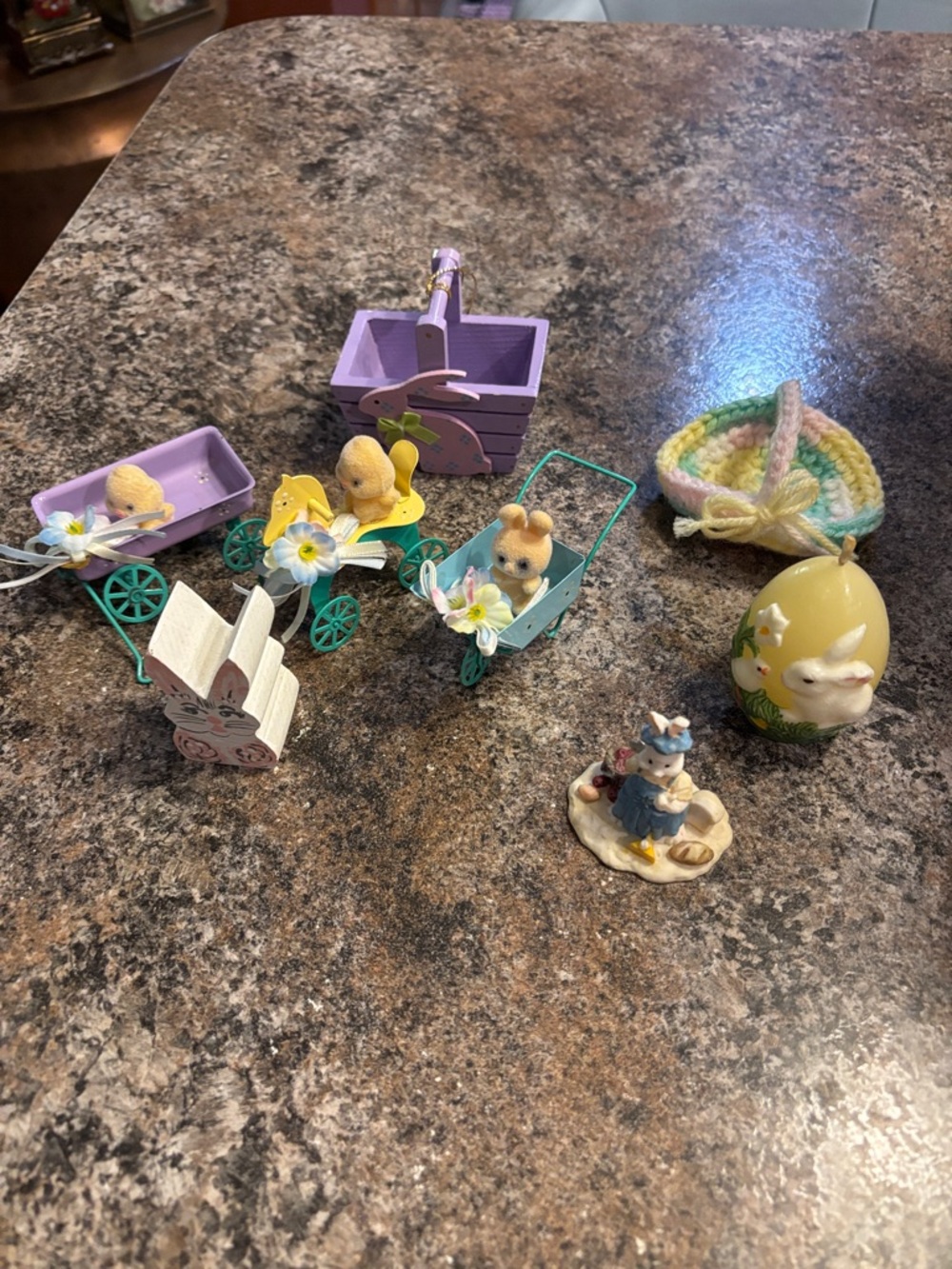 Pastel Easter Bunny and Chick Mini Figurine Set - Pastel Yellow, Purple, Teal